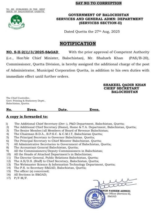 کمشنر کوئٹہ شاہ زیب خان کو ایڈمنسٹریٹر میونسپل کارپوریشن کا اضافی چارج